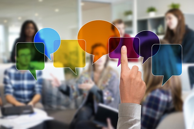 Text bubbles with students in the background
